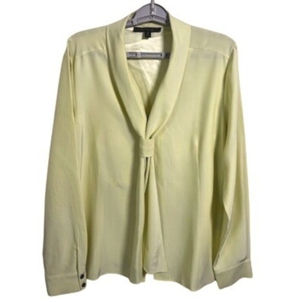 Lafayette 148 NY Size 14 Pale Yellow 100% Silk Tie Neck‎ Blouse Long Sleeve